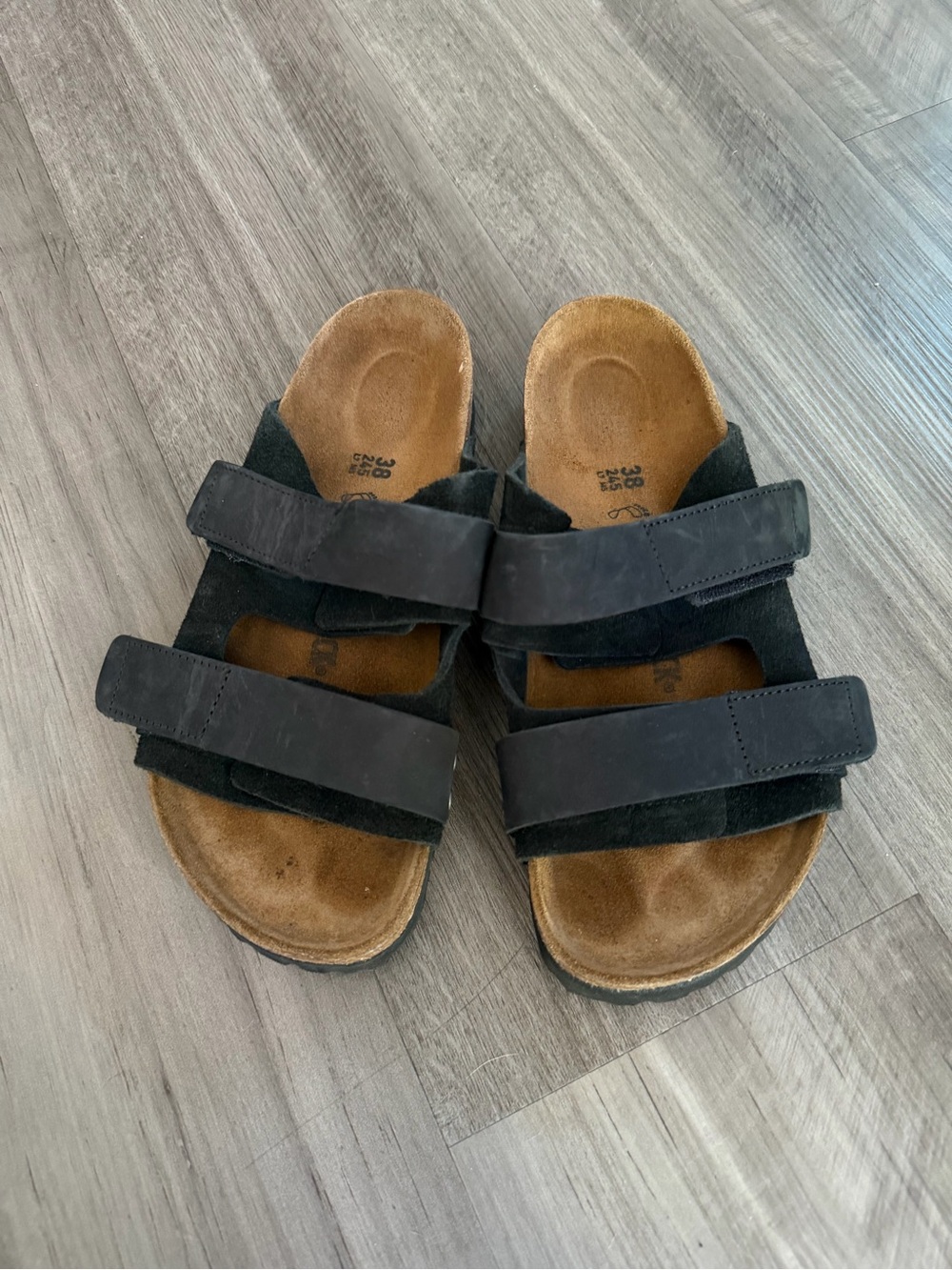 Birkenstock Uji Black Dual-Strap Suede Slide Sandals